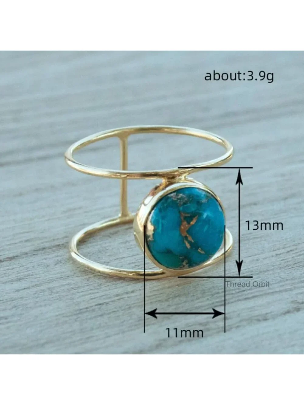 14K Gold Plated Statement Ring Simulated Blue Turquoise 925 Silver Plated Gem
